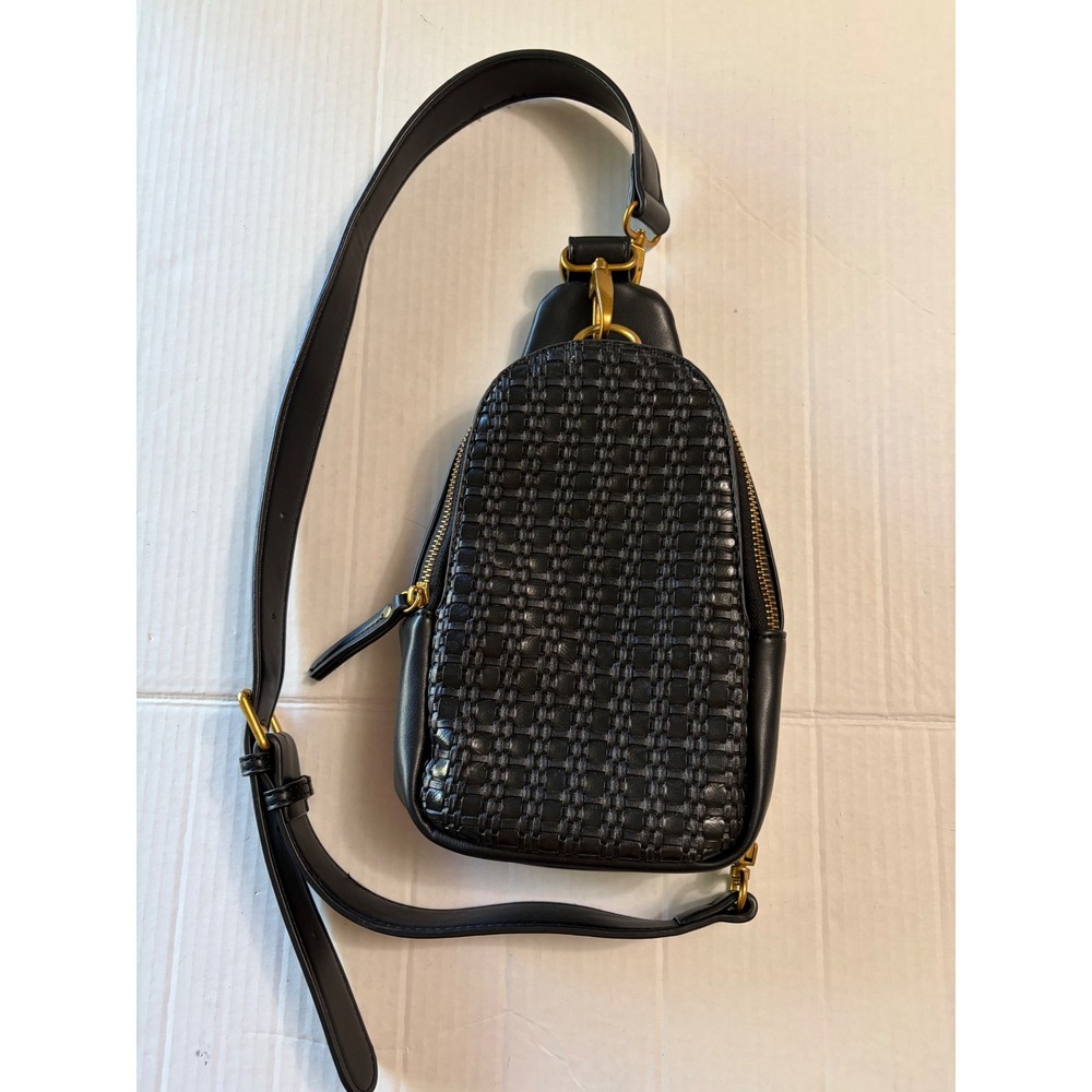 Antik‎ Kraft Black Woven Vegan Leather Sling Bag Crossbody Antique Gold Hardware